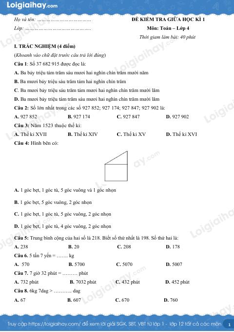 Đề kiểm tra giữa kì 1 Toán 4 - Đề số 5